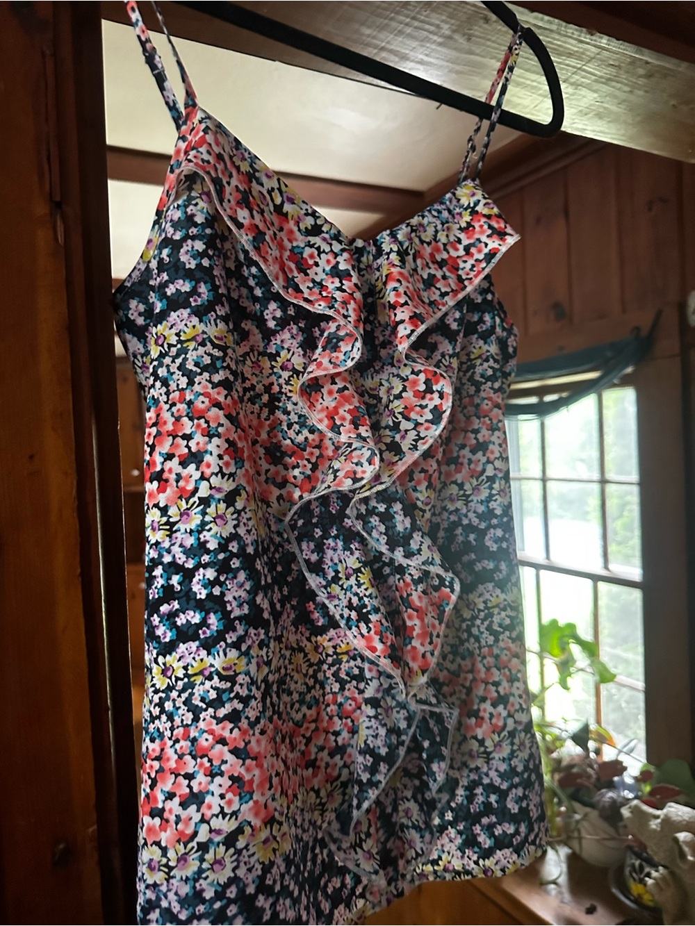 Oasis Floral Ruffle Cami - Black with Coral, Yellow & Purple Flowers (UK 10)